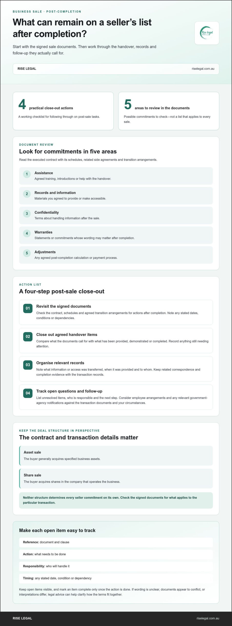 Post-sale obligations checklist for Australian business sellers